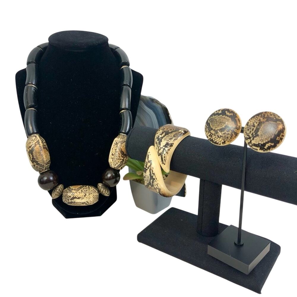 Vintage Black Tan Chunky Necklace Bracelet Earrings Set - Picture 2 of 16